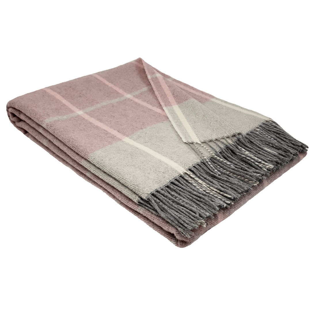 Cashmere Blanket – Checkered Design – Pink And Grey With Grey Fringes – 140X200 Cm