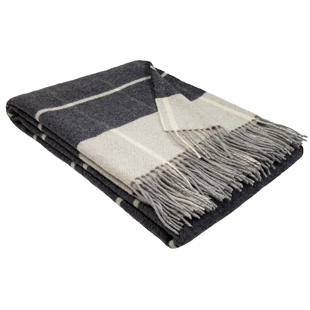 Cashmere Blanket – Checkered Pattern – Dark Grey & Light Grey With Fringes – 140X200 Cm