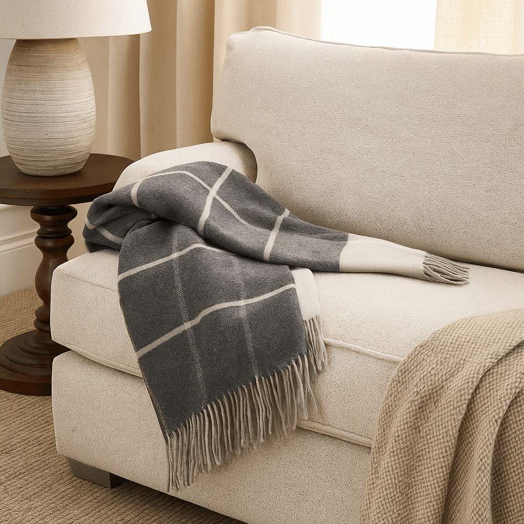Cashmere Blanket – Checkered Pattern – Dark Grey & Light Grey With Fringes – 140X200 Cm