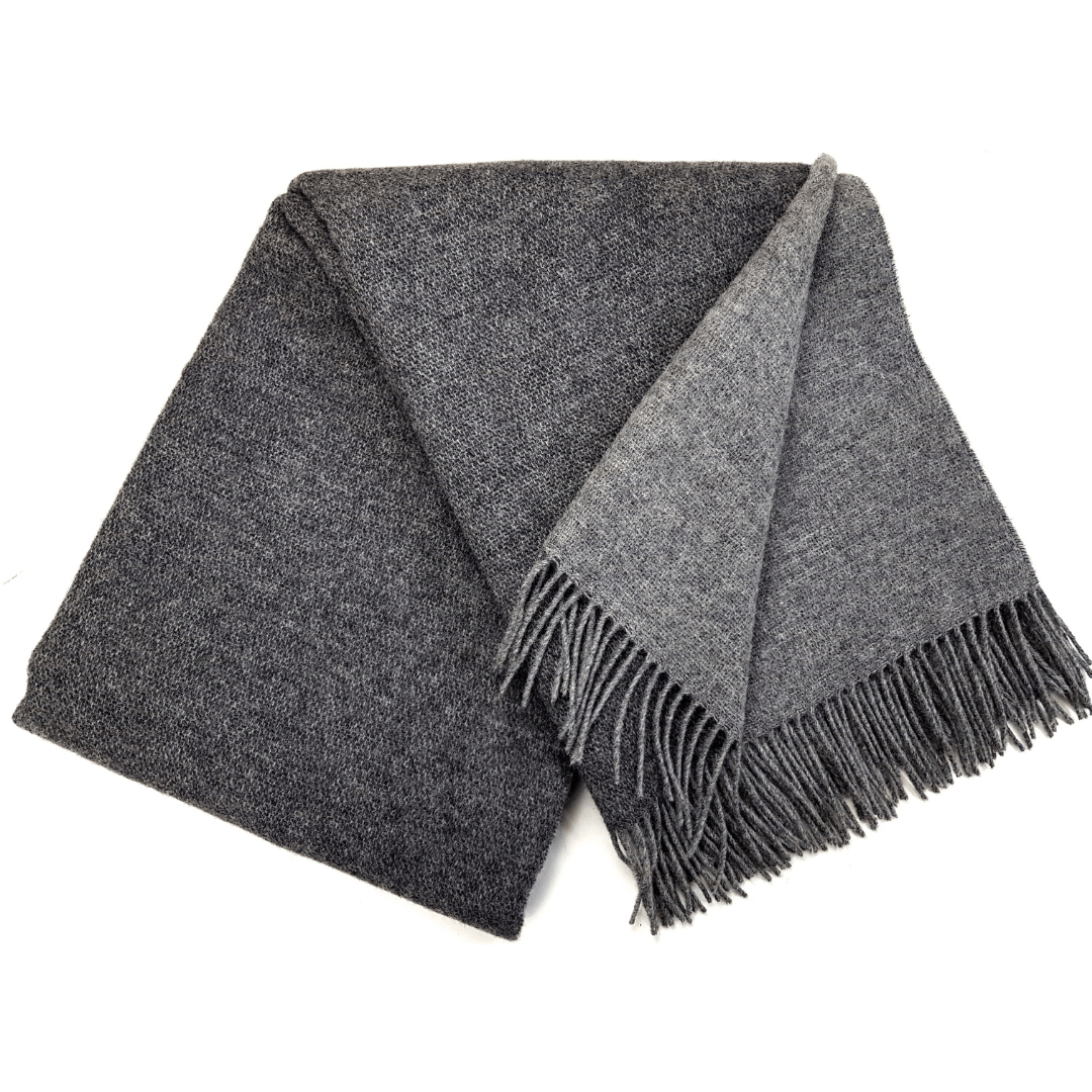 100% Pure Wool Double Face Blanket – Dark Grey & Light Grey With Fringe (150 X 200 Cm)