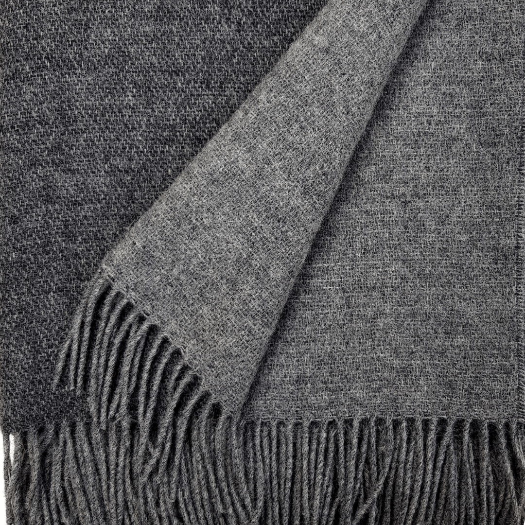 100% Pure Wool Double Face Blanket – Dark Grey & Light Grey With Fringe (150 X 200 Cm)