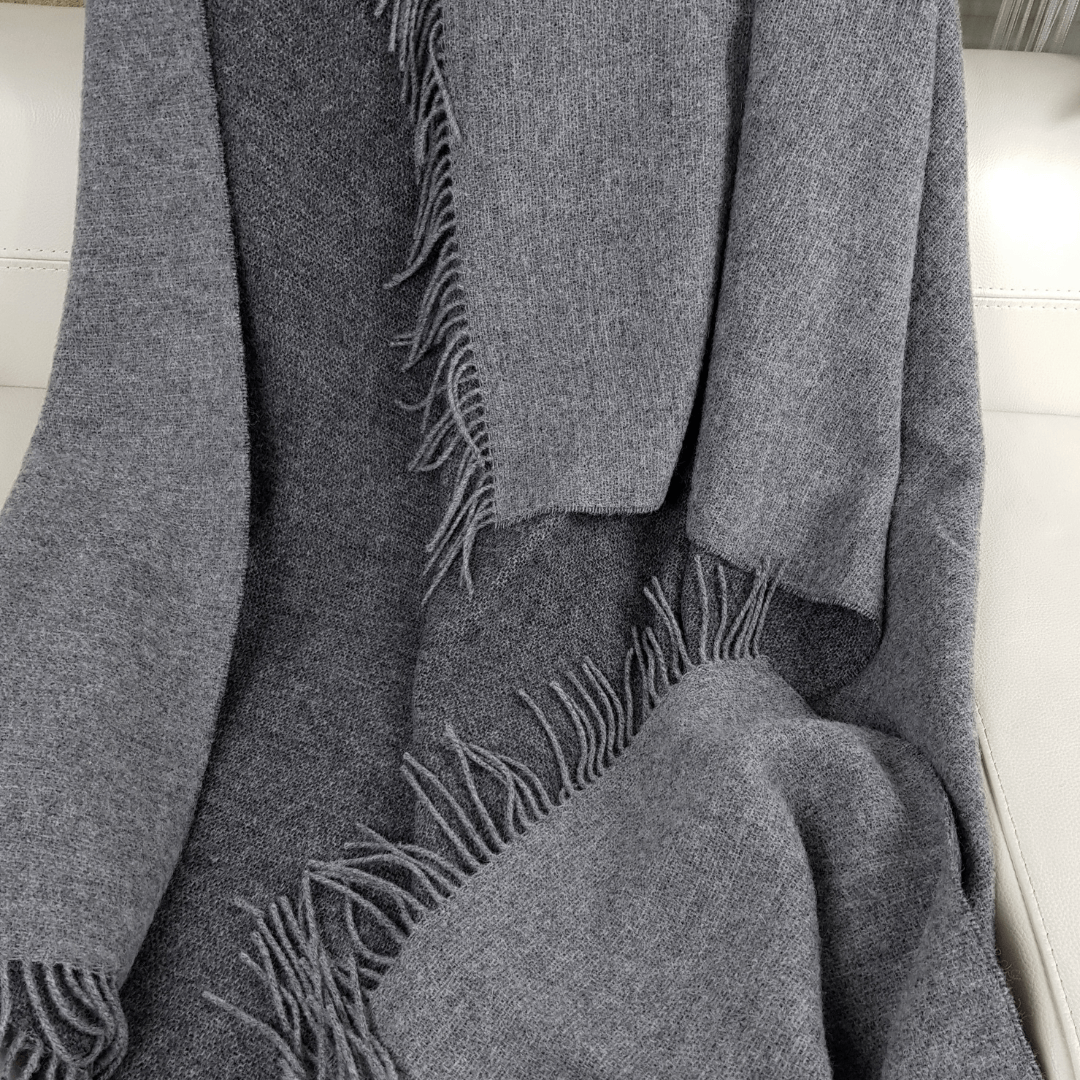 100% Pure Wool Double Face Blanket – Dark Grey & Light Grey With Fringe (150 X 200 Cm)
