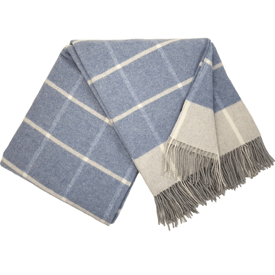Cashmere Blanket – Checkered Pattern – Blue & Grey With Fringes – 140X200 Cm