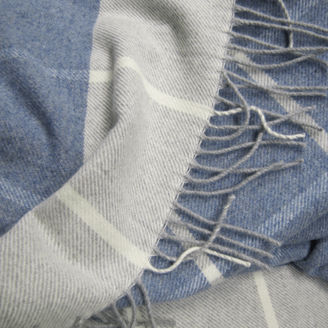 Cashmere Blanket – Checkered Pattern – Blue & Grey With Fringes – 140X200 Cm