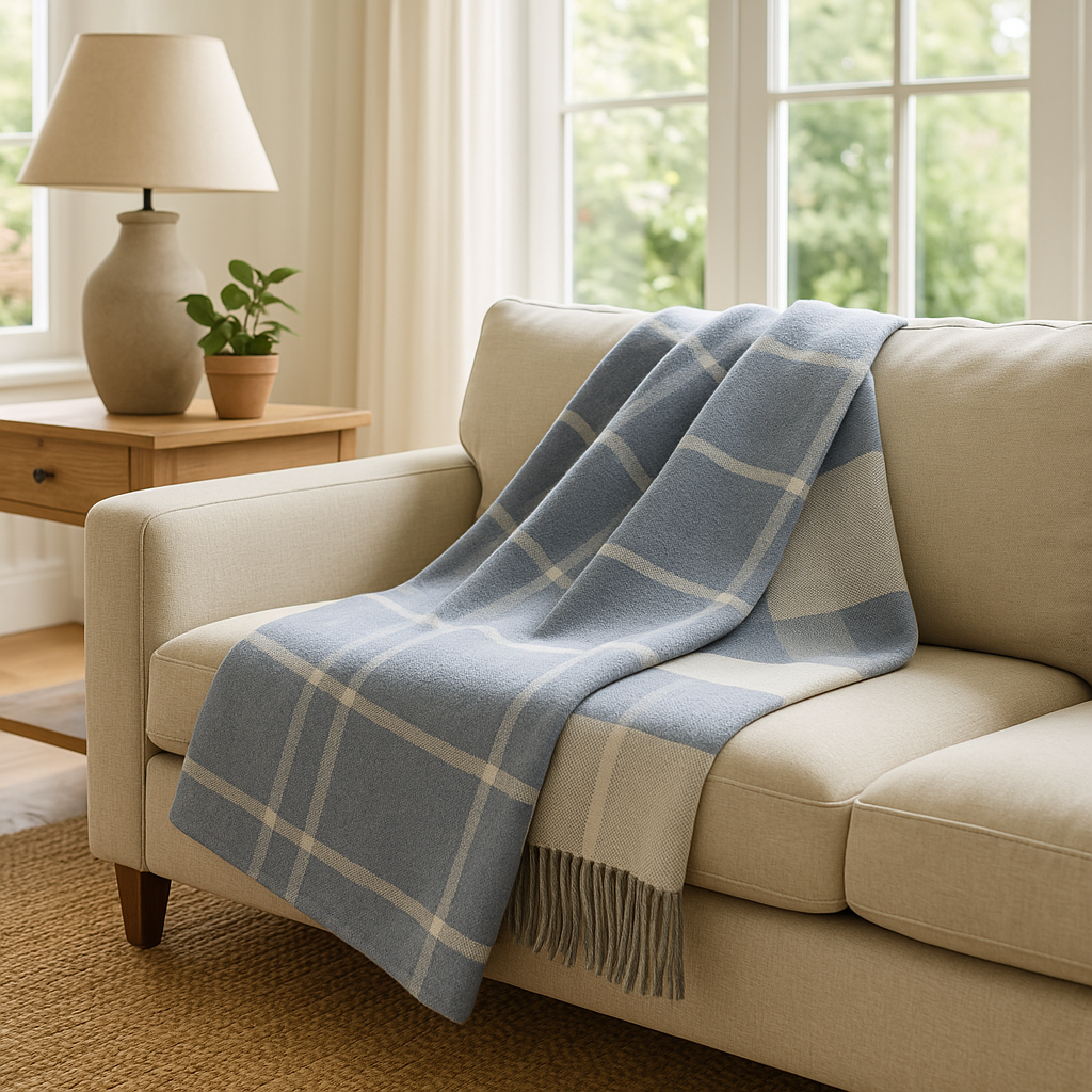 Cashmere Blanket – Checkered Pattern – Blue & Grey With Fringes – 140X200 Cm