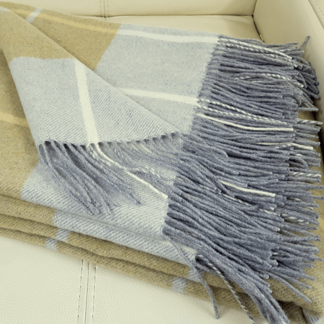 Cashmere & Merino Wool Blanket 140×200 Cm – Yellow & Grey Plaid With Fringes