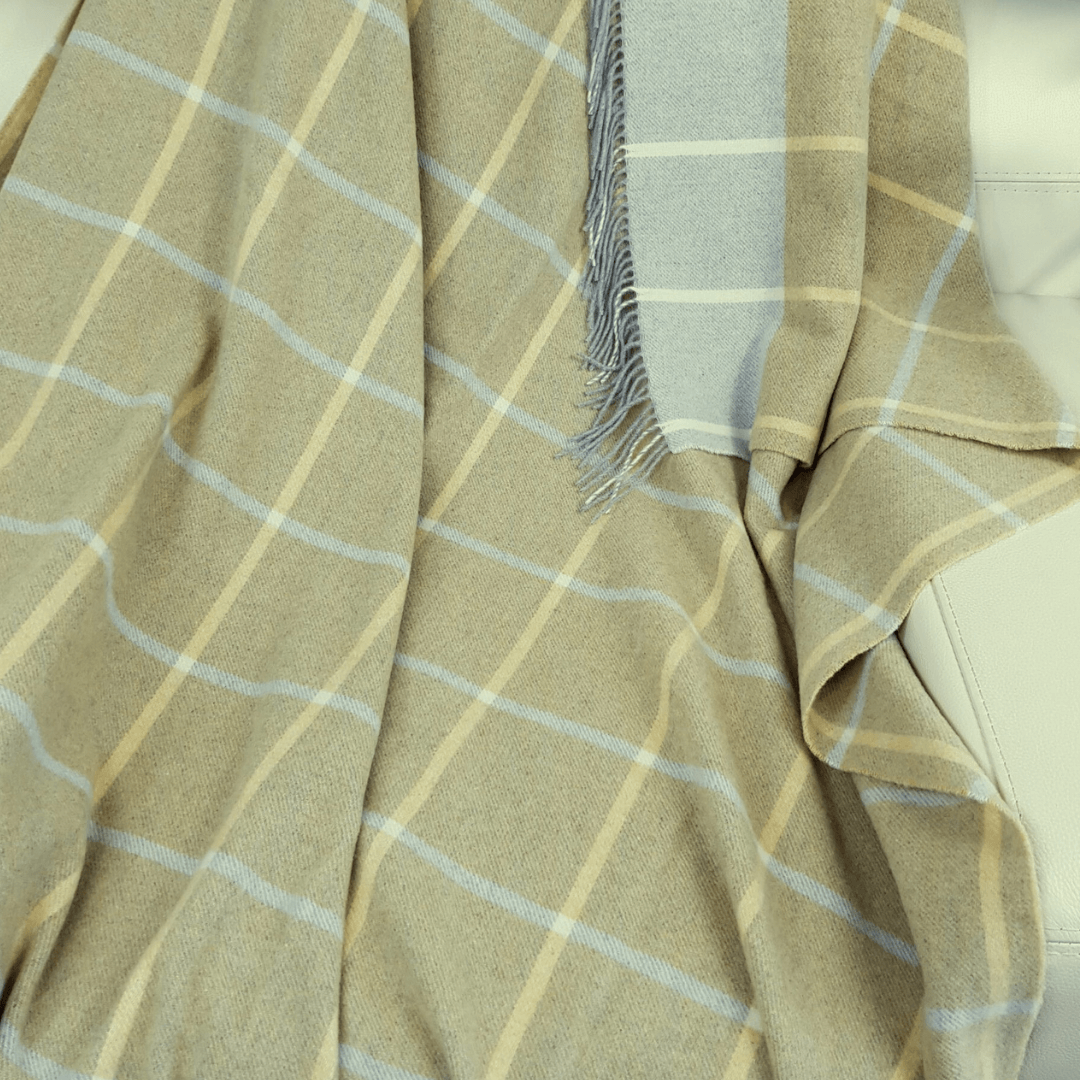 Cashmere & Merino Wool Blanket 140×200 Cm – Yellow & Grey Plaid With Fringes