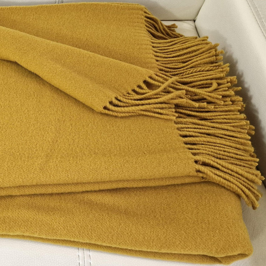 Luxury 100% Merino Wool Blanket With Fringe - Mustard Yellow, 150X200 Cm, Super Soft And Warm