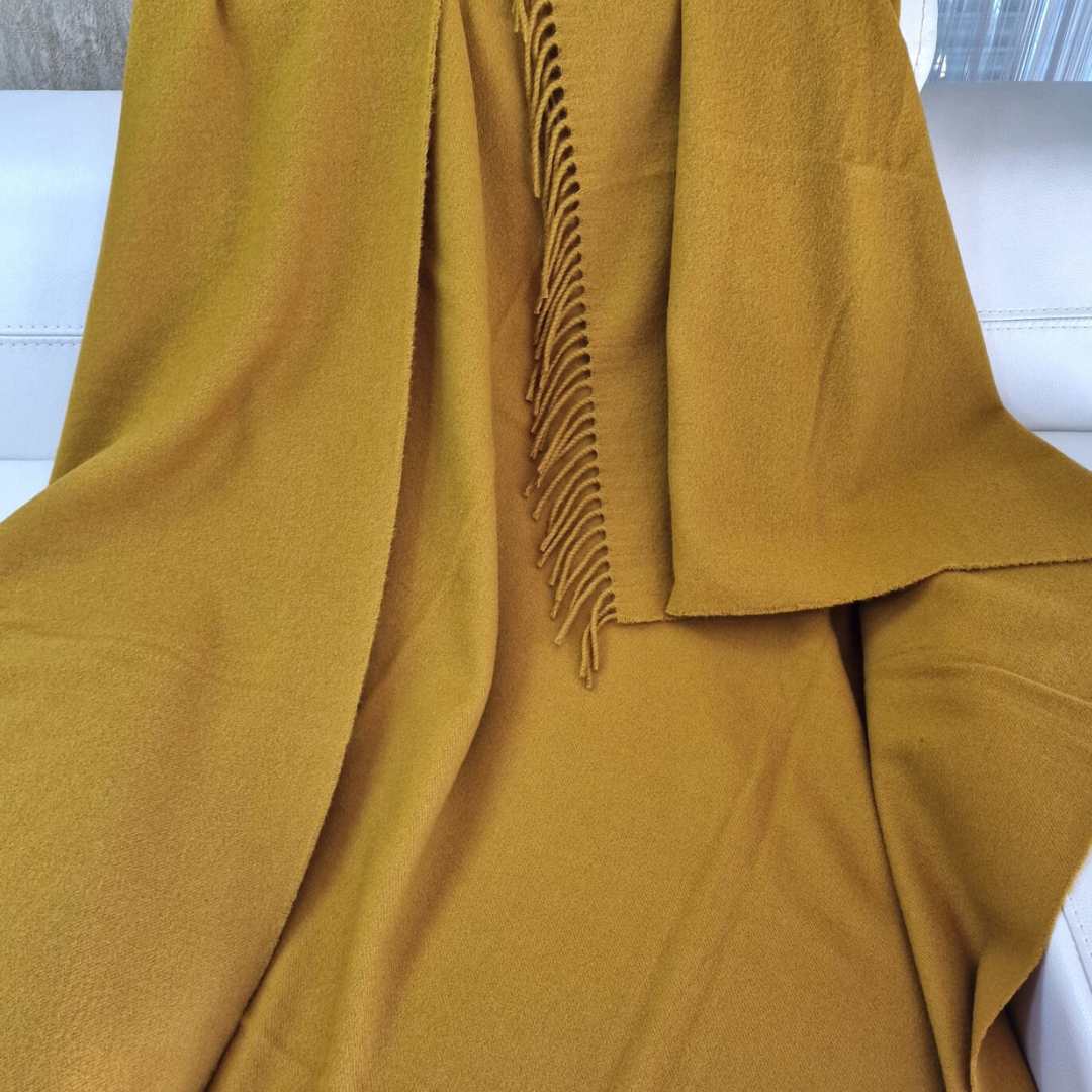 Luxury 100% Merino Wool Blanket With Fringe - Mustard Yellow, 150X200 Cm, Super Soft And Warm