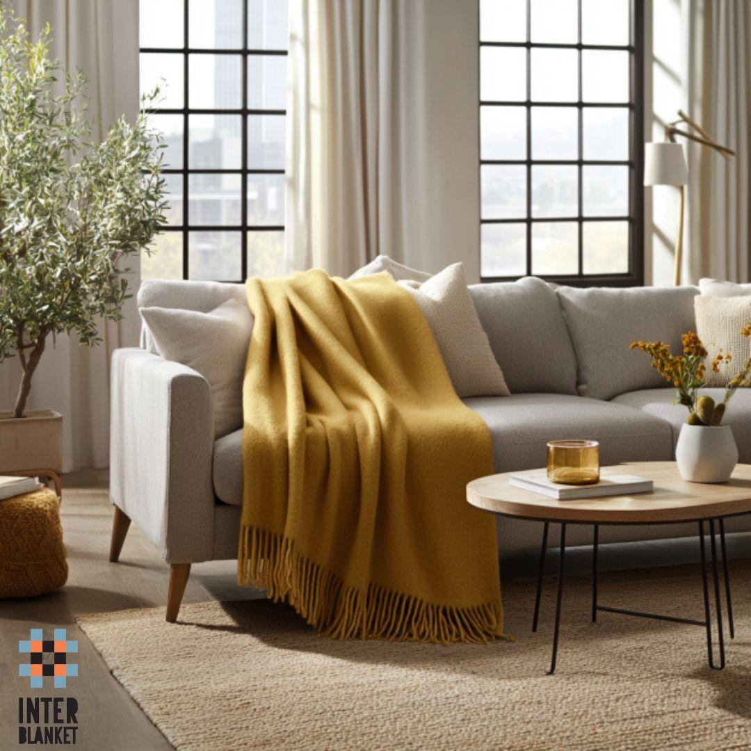 Luxury 100% Merino Wool Blanket With Fringe - Mustard Yellow, 150X200 Cm, Super Soft And Warm