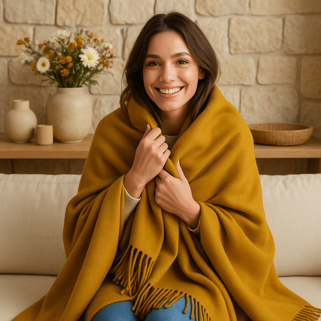 Luxury 100% Merino Wool Blanket With Fringe - Mustard Yellow, 150X200 Cm, Super Soft And Warm