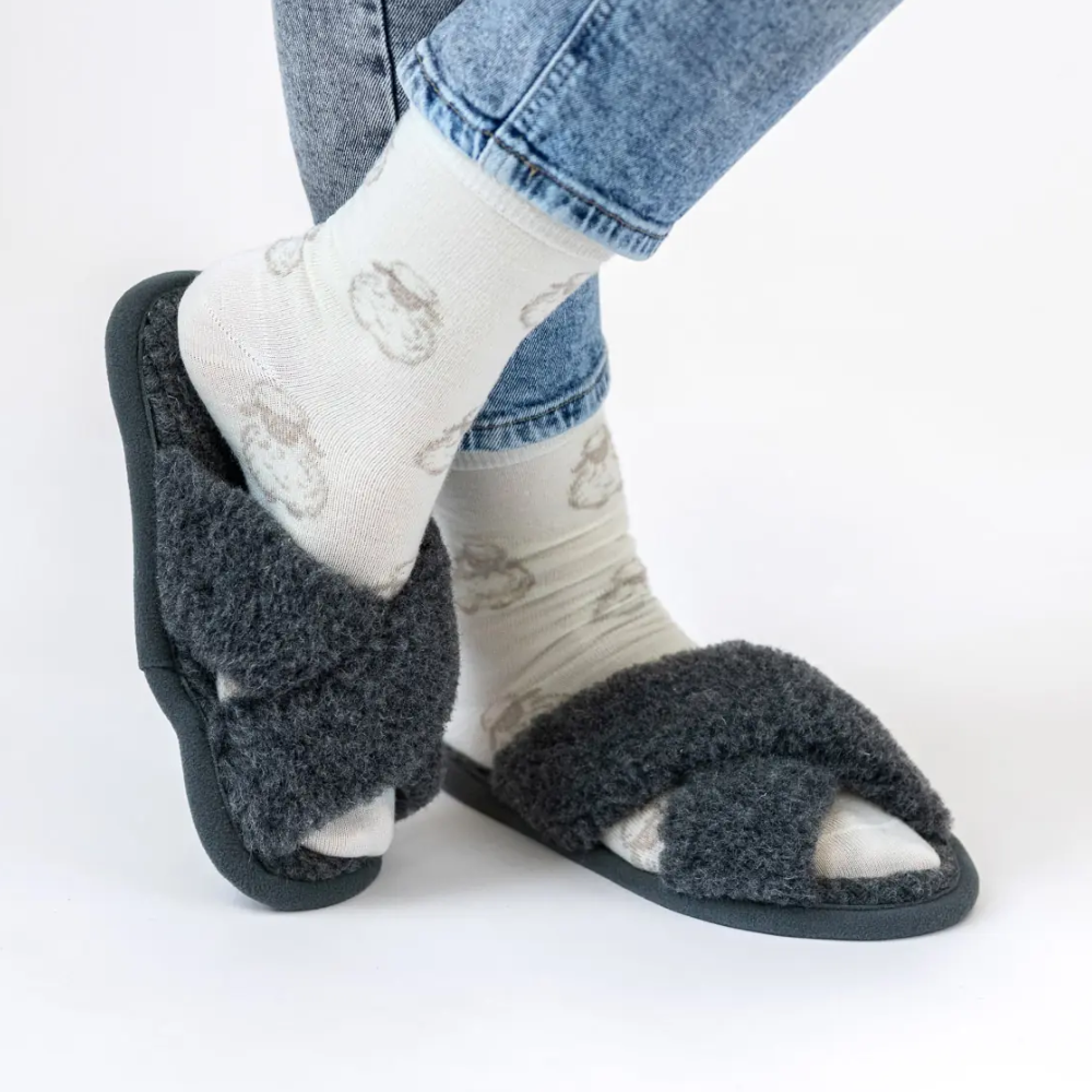 Wool Slippers With Open Toe – Melange Grey