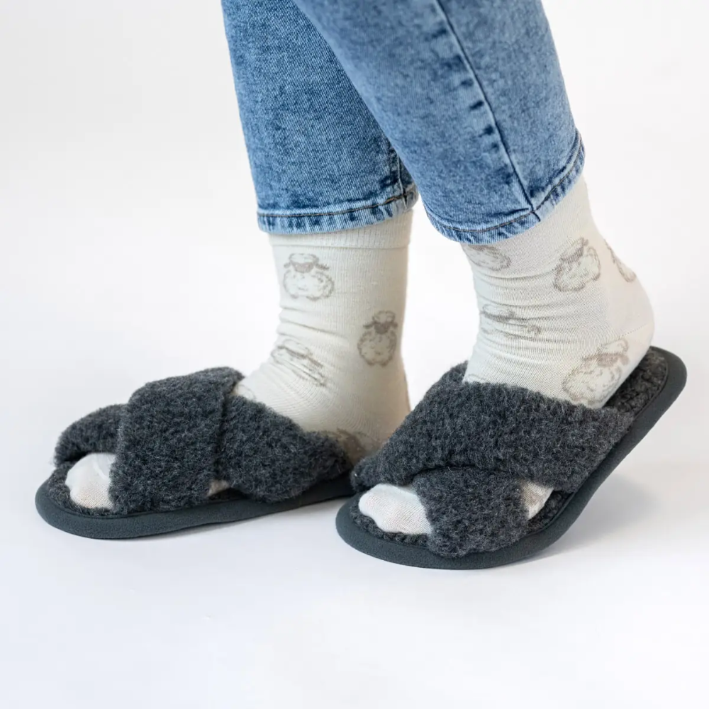 Wool Slippers With Open Toe – Melange Grey