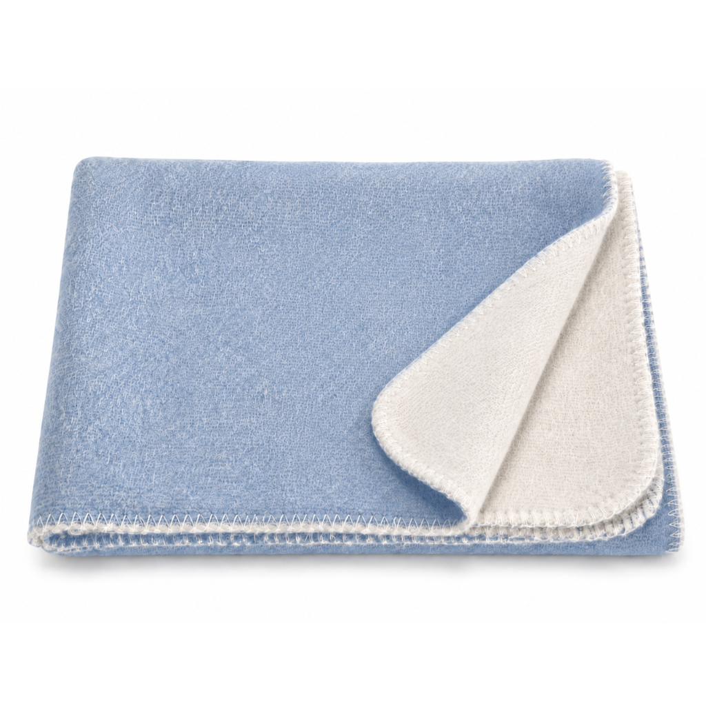 Reversible 100% Merino Wool Baby Blanket – Light Blue And White, 75 × 85 Cm