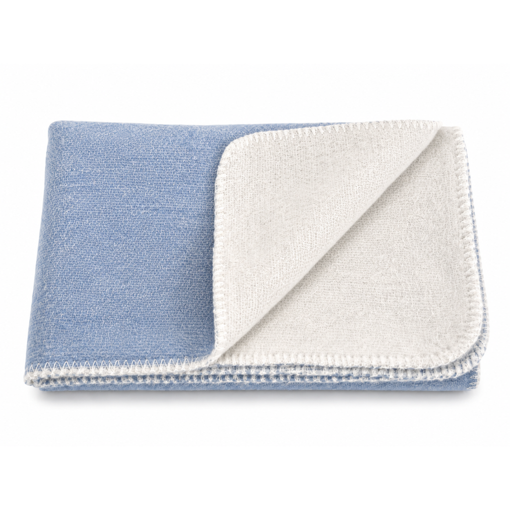Reversible 100% Merino Wool Baby Blanket – Light Blue And White, 75 × 85 Cm