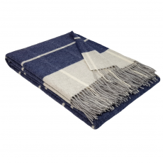 Cashmere Blanket – Checkered Pattern – Dark Blue And Ecru With Fringes – 140X200 Cm