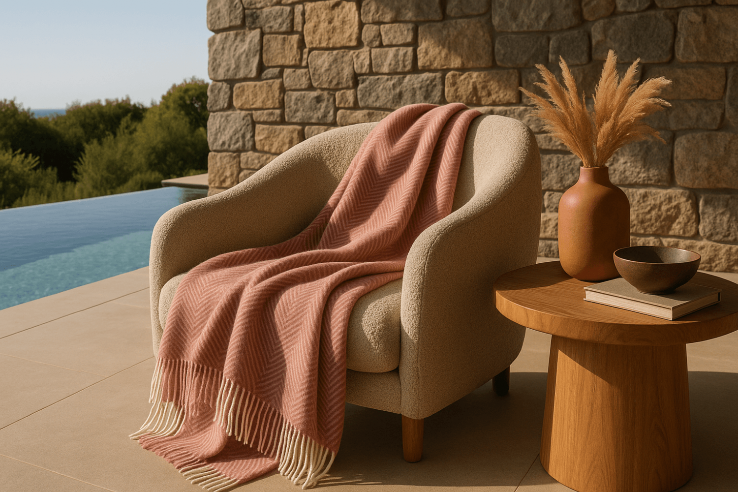 100% Wool Blanket: Delicate Herringbone Design In Blush Pink