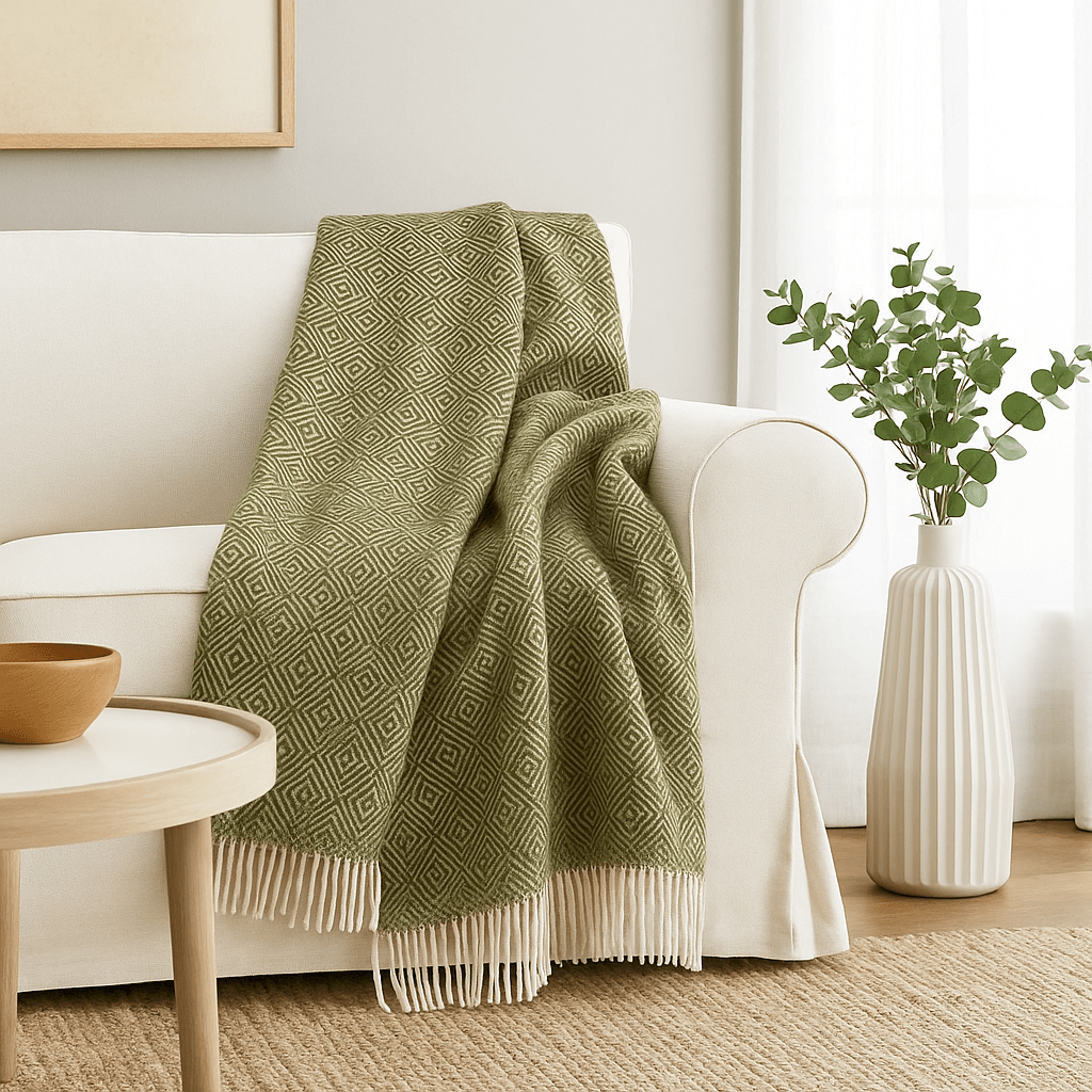 100% Wool Blanket: Sophisticated Diamond Pattern In Earthy Green