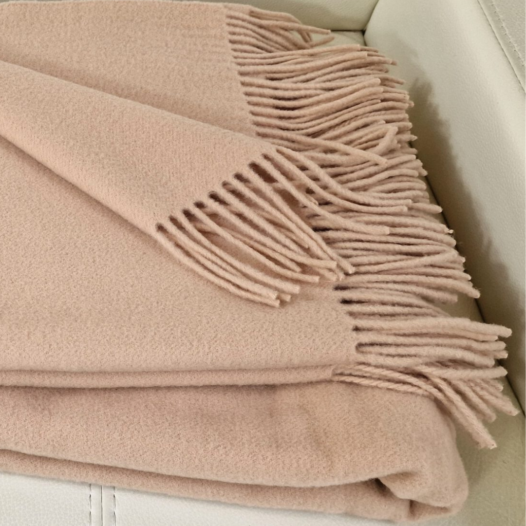 Luxury 100% Merino Wool Throw Blanket With Fringe - Beige, Super Soft And Warm