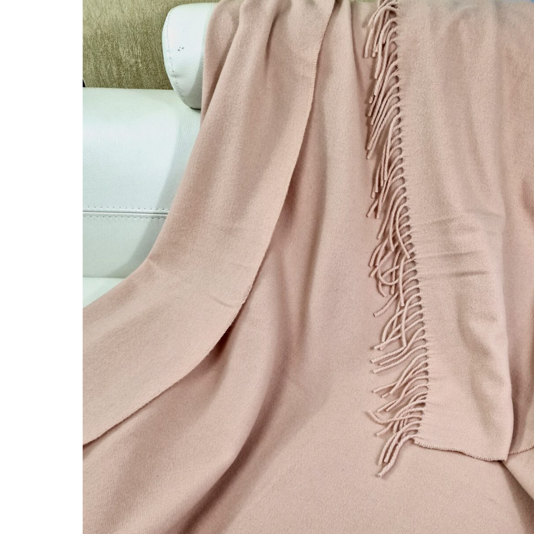 Luxury 100% Merino Wool Throw Blanket With Fringe - Beige, Super Soft And Warm