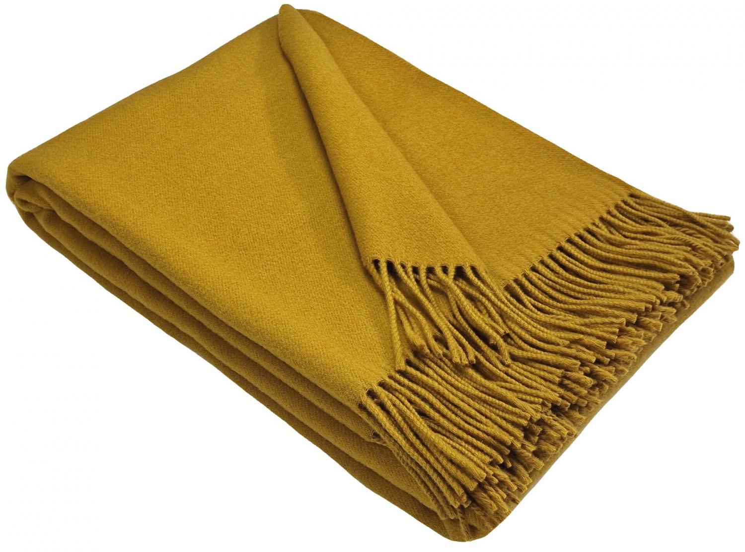 Luxury 100% Merino Wool Blanket With Fringe - Mustard Yellow, 140X200 Cm, Super Soft And Warm