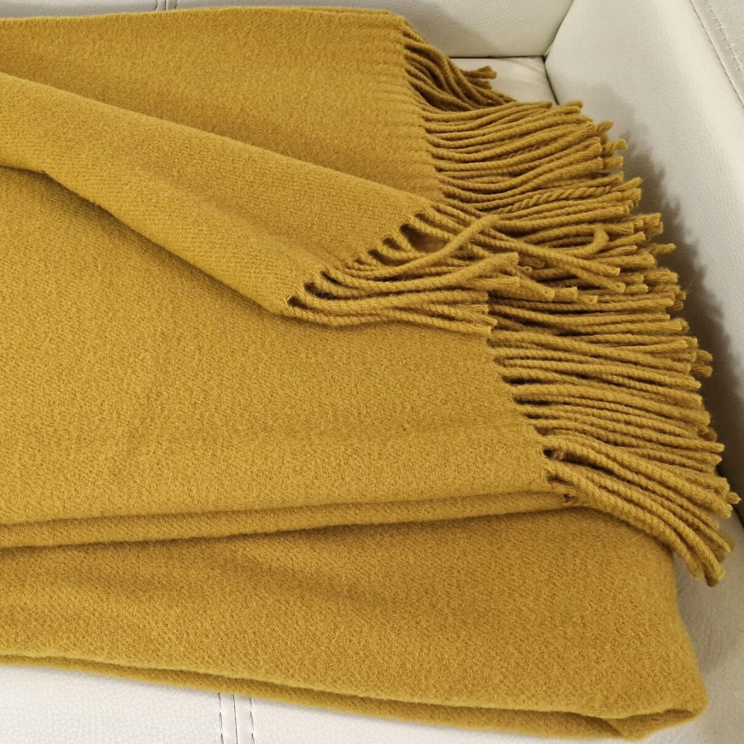 Luxury 100% Merino Wool Blanket With Fringe - Mustard Yellow, 140X200 Cm, Super Soft And Warm