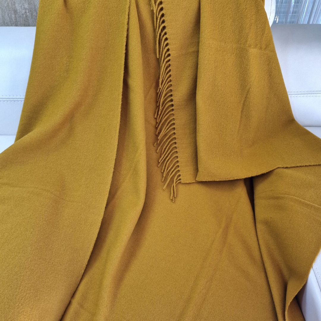 Luxury 100% Merino Wool Blanket With Fringe - Mustard Yellow, 140X200 Cm, Super Soft And Warm