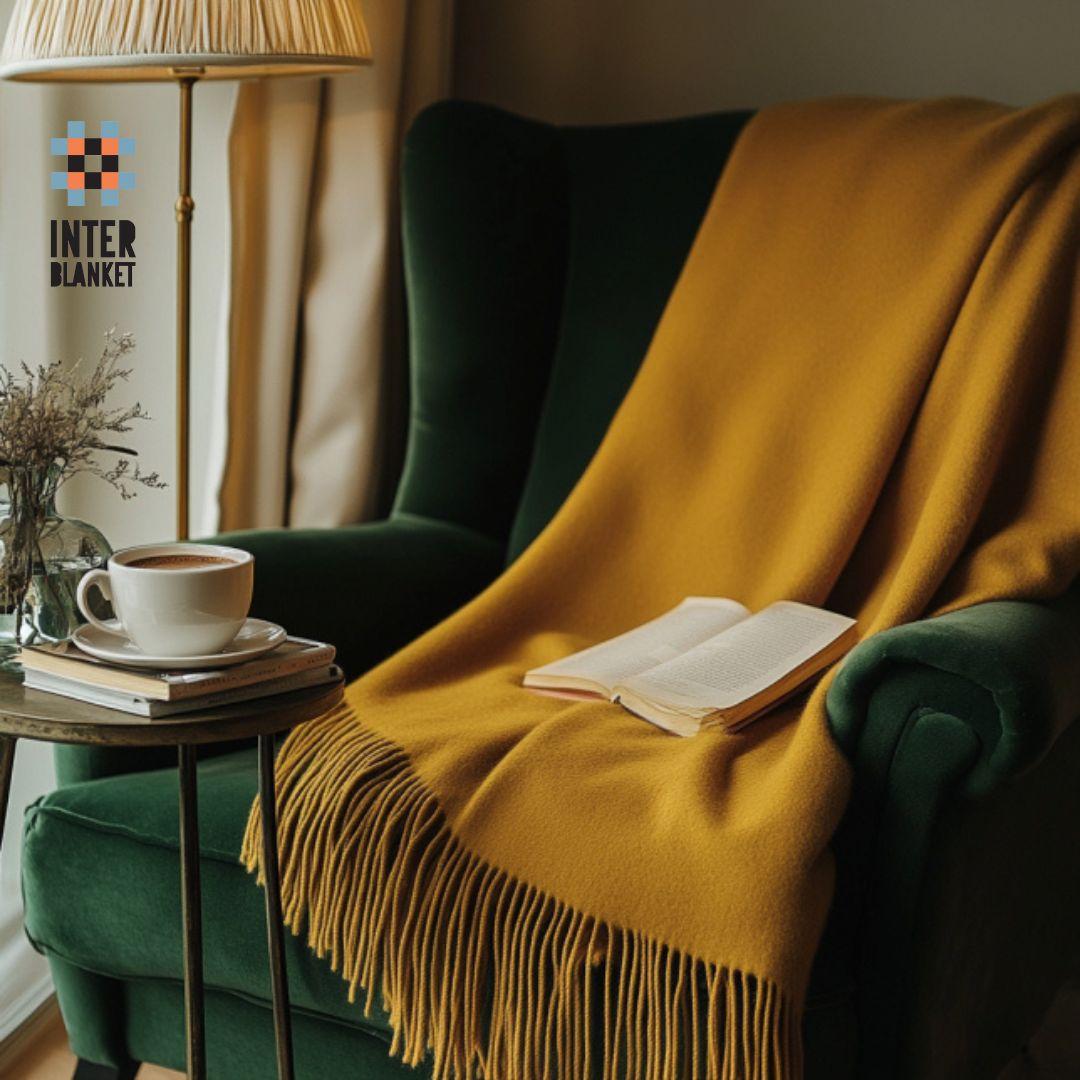 Luxury 100% Merino Wool Blanket With Fringe - Mustard Yellow, 140X200 Cm, Super Soft And Warm