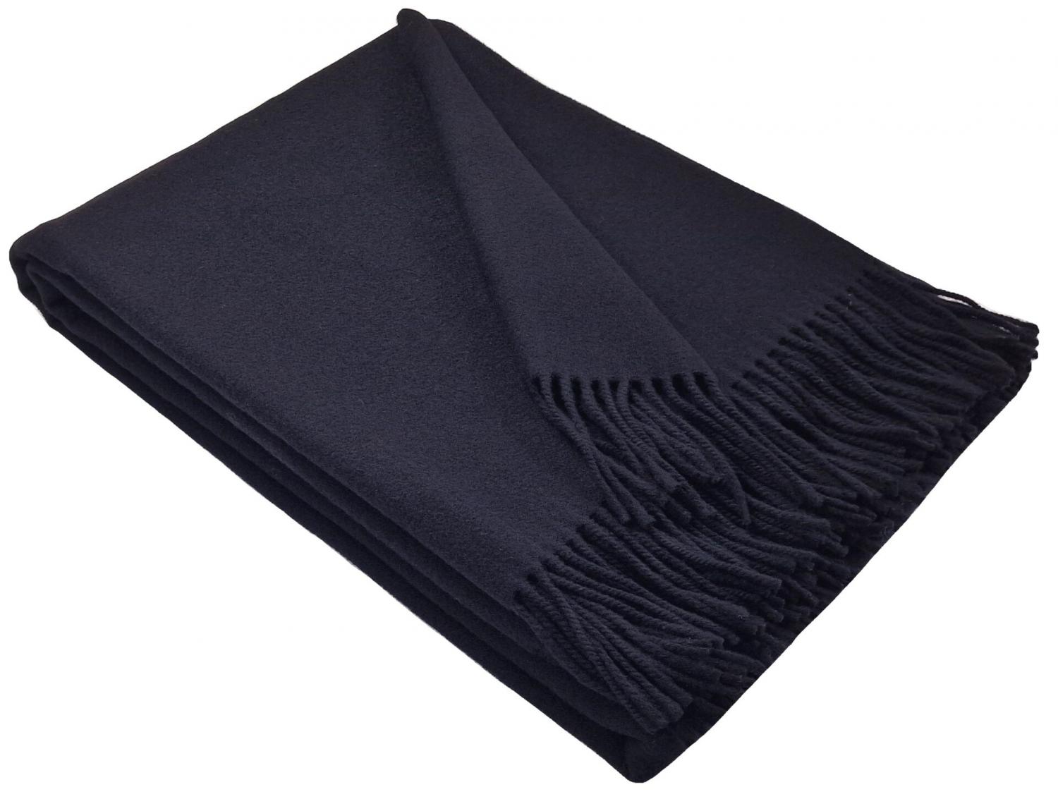 100% Merino Wool Black Blanket With Elegant Fringe – 140X200 Cm