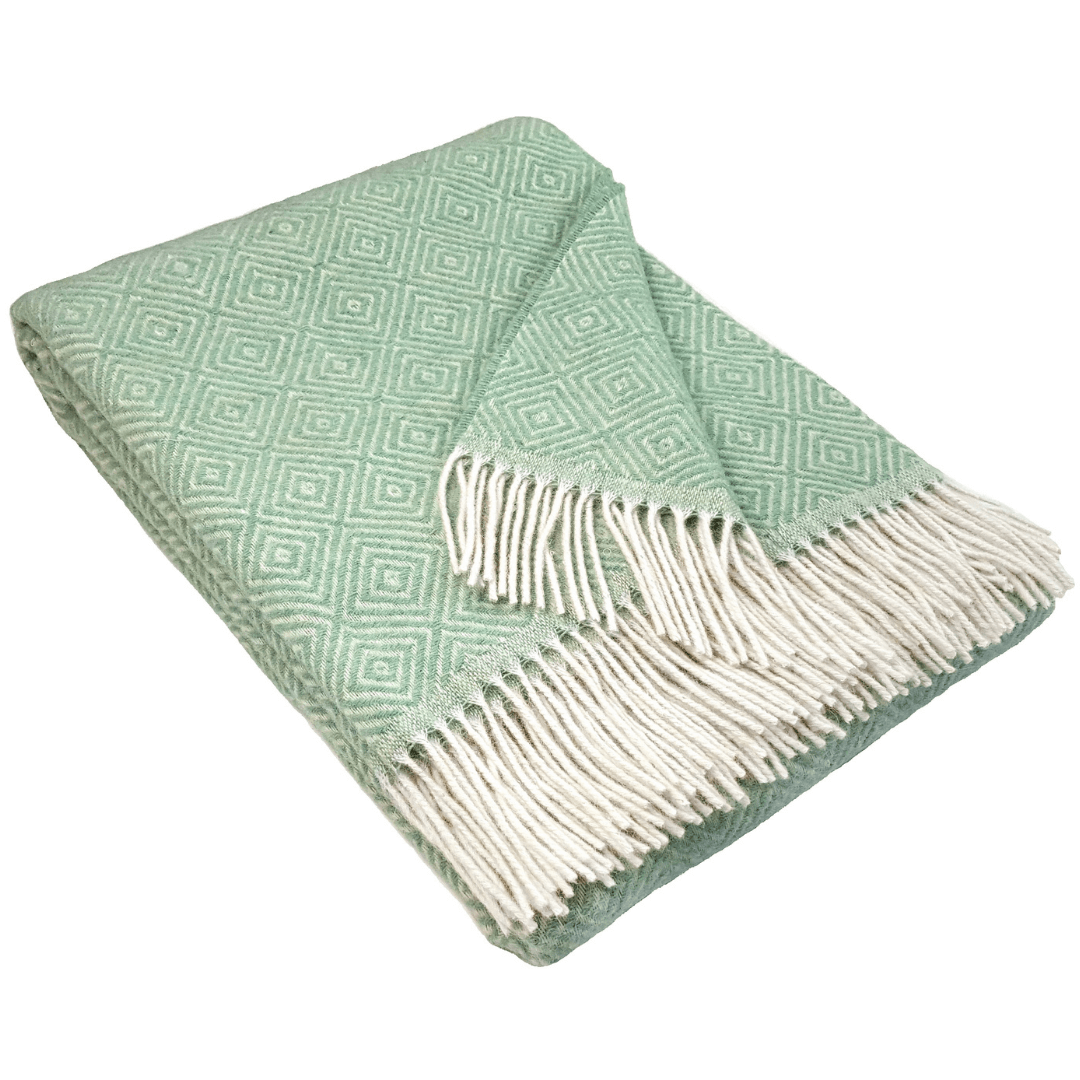 100% Вълнено Одеяло – Зелена Геометрична Шарка С Ресни (150 X 200 См)