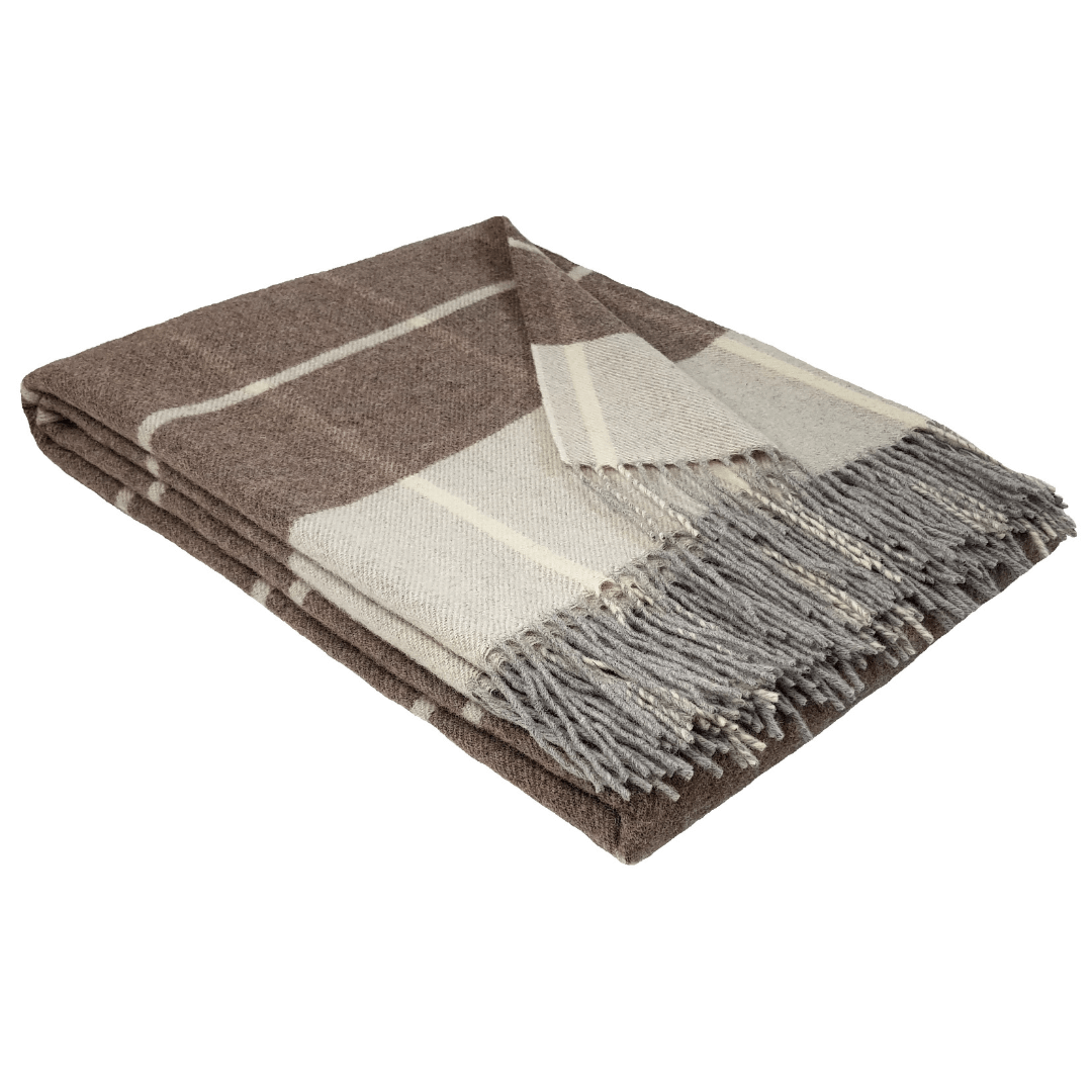 Cashmere Blanket – Checkered Pattern – Brown & Light Grey With Fringes – 140X200 Cm