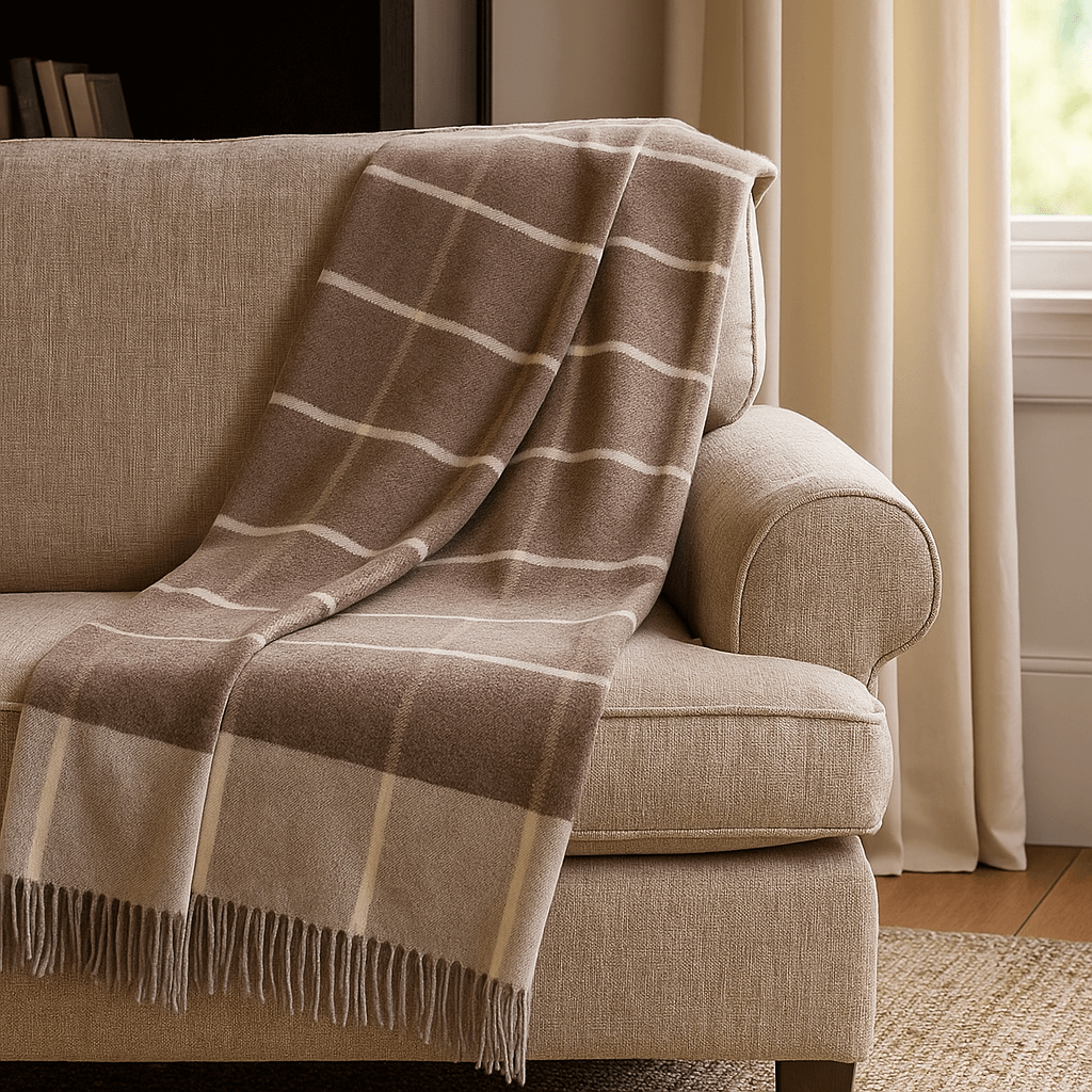Cashmere Blanket – Checkered Pattern – Brown & Light Grey With Fringes – 140X200 Cm