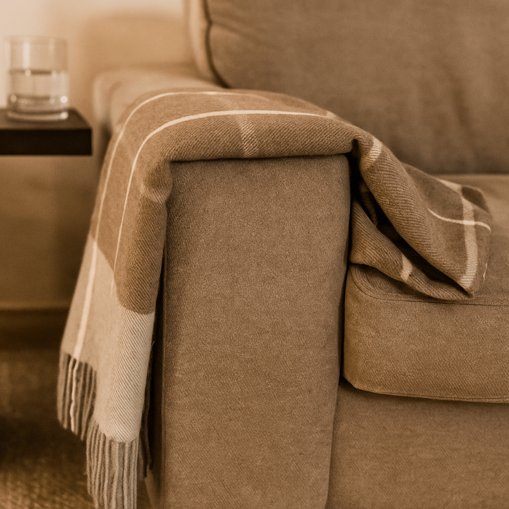 Cashmere Blanket – Checkered Pattern – Brown & Light Grey With Fringes – 140X200 Cm