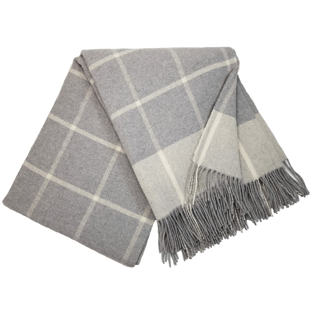 Cashmere Blanket – Checkered Pattern – Yellow And Grey With Fringes – 140X200 Cm