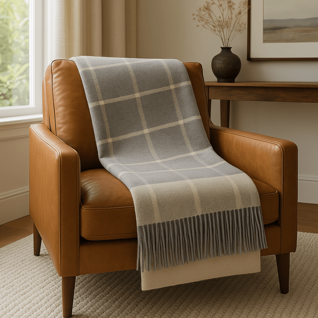 Cashmere Blanket – Checkered Pattern – Yellow And Grey With Fringes – 140X200 Cm