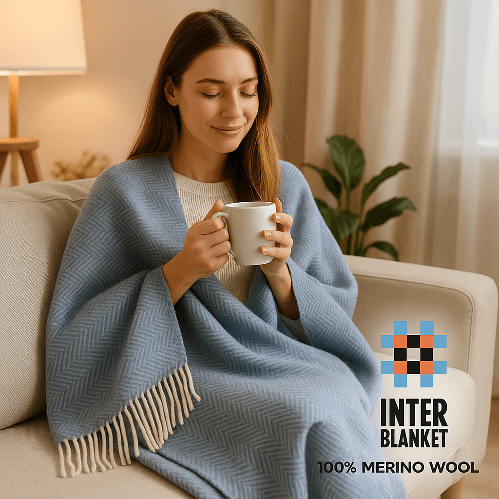 100% Вълнено Одеяло: Изискан Рибена Кост Мотив В Нежно Небесно Синьо