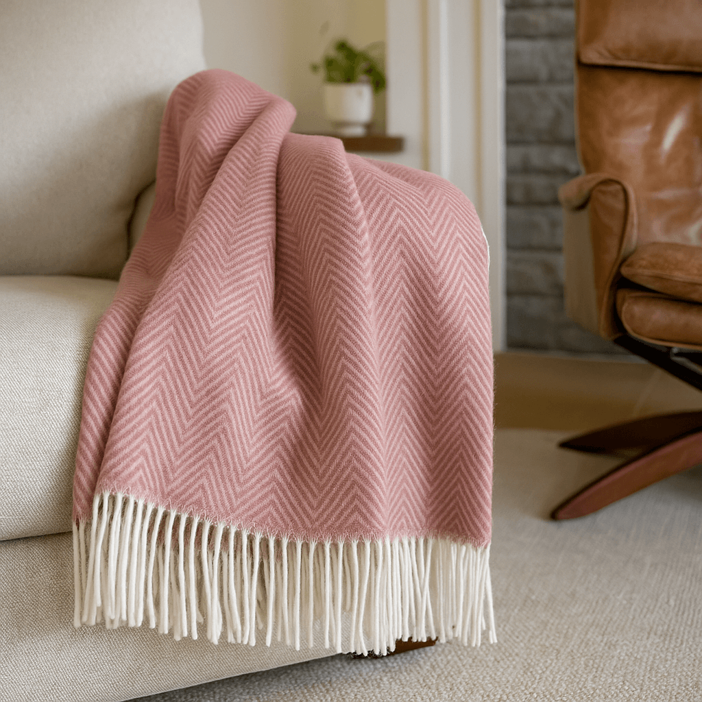 100% Wool Blanket: Delicate Herringbone Design In Blush Pink