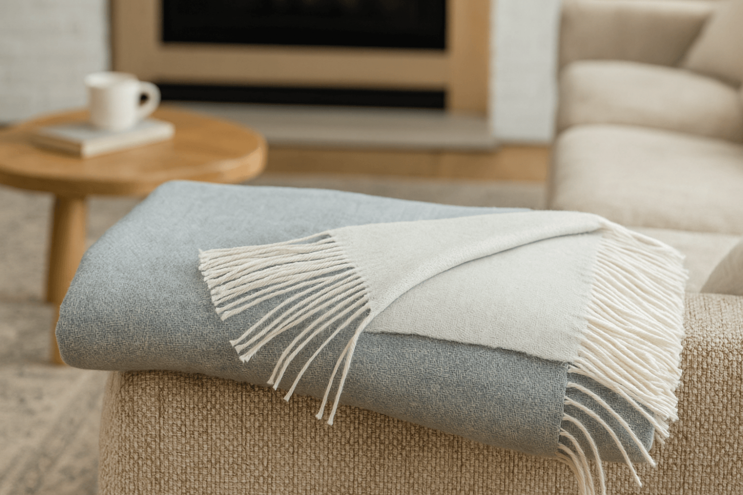 100% Pure Wool Double Face Blanket – Blue & White With Fringe (150 X 200 Cm)