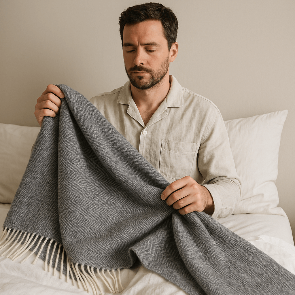 Луксозно Одеяло От Мериносова Вълна И Кашмир – 140/200 См | Тъмносиво С Фин Рибена Кост Мотив