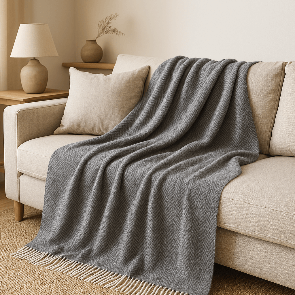 Луксозно Одеяло От Мериносова Вълна И Кашмир – 140/200 См | Тъмносиво С Фин Рибена Кост Мотив
