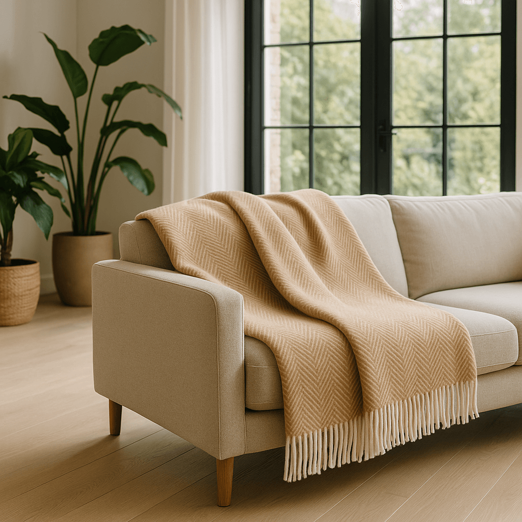 Светлокафяво Вълнено Одеяло С Десен „Рибена Кост“ – Мекота, Стил И Уют За Вашия Дом