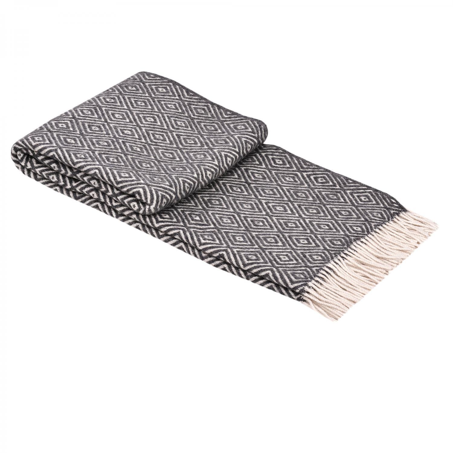 100% Вълнено Одеяло – Тъмно Сив Ромбоиден Десен С Ресни (150 X 200 См)