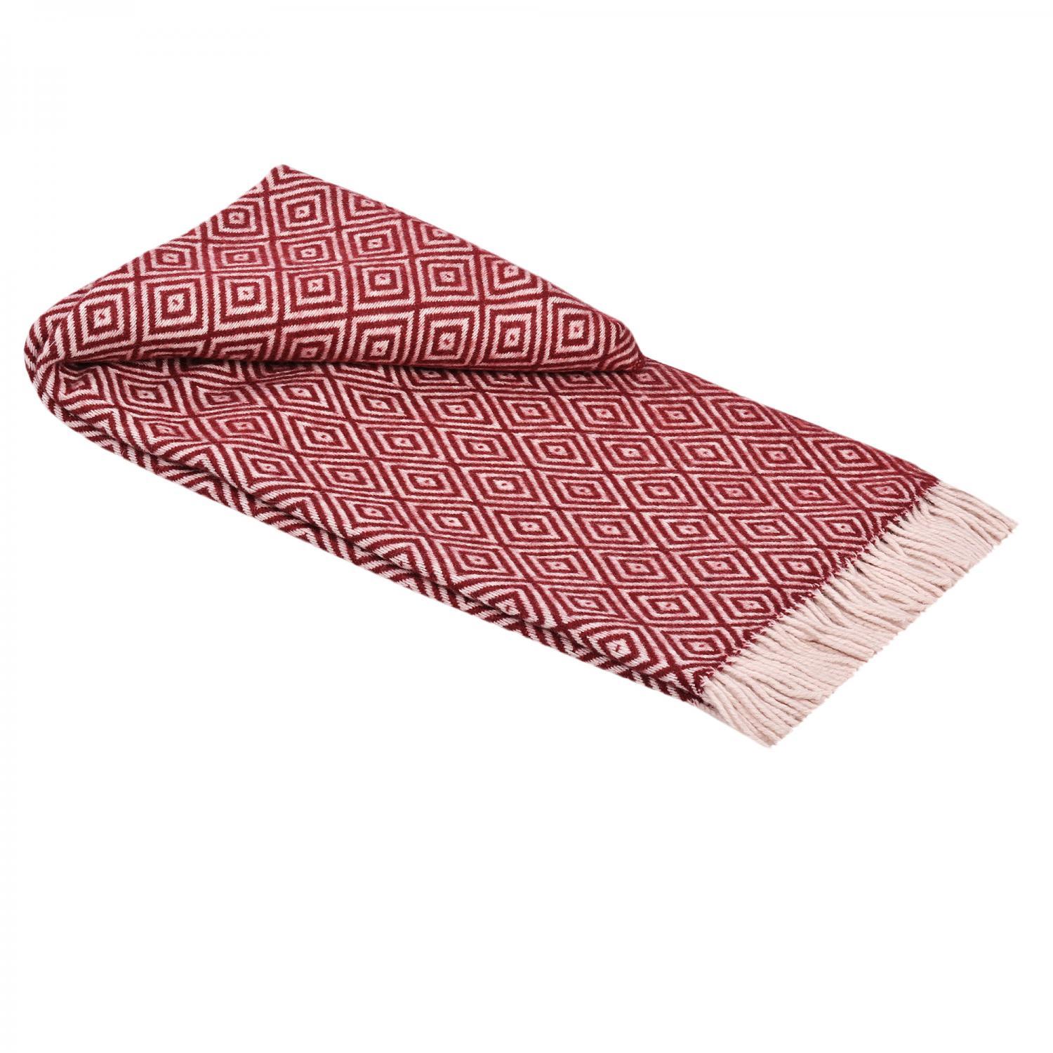 100% Pure Wool Blanket – Burgundy Diamond Pattern With Fringe (150 X 200 Cm)