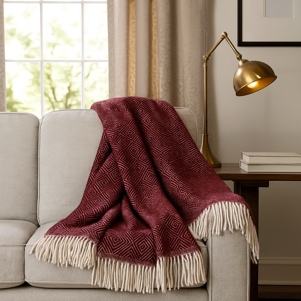 100% Pure Wool Blanket – Burgundy Diamond Pattern With Fringe (150 X 200 Cm)