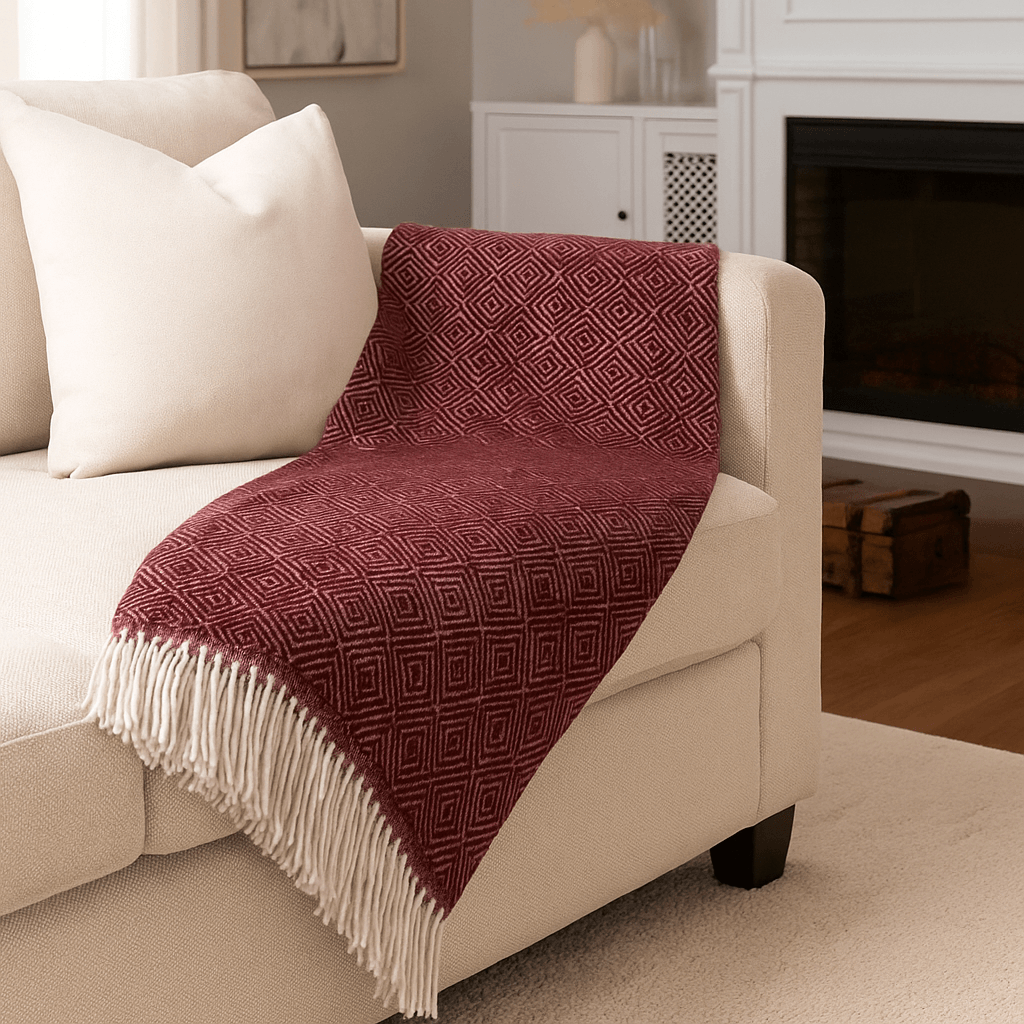 100% Pure Wool Blanket – Burgundy Diamond Pattern With Fringe (150 X 200 Cm)