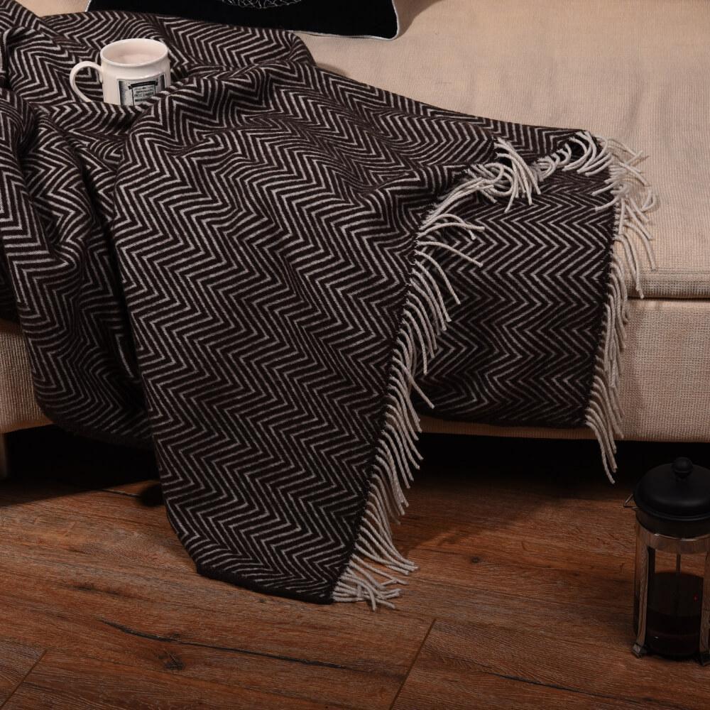 Brown Herringbone Wool Blanket – Soft & Warm
