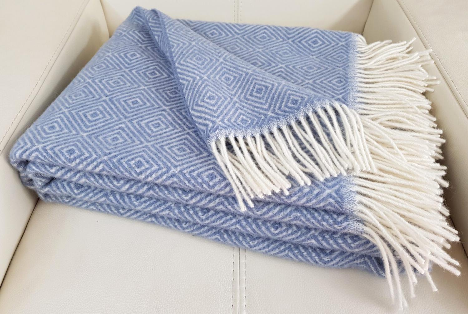 100% Wool Blanket: Timeless Diamond-Pattern Elegance In Sky Blue